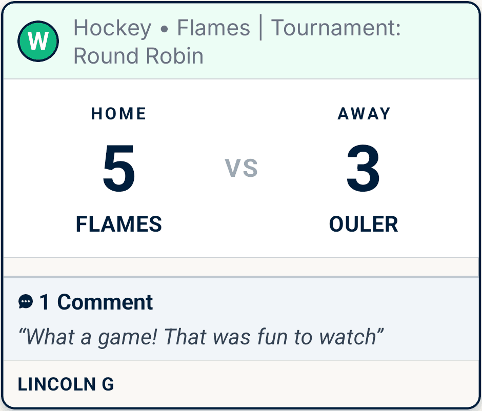 A real logged game — 5-3 win vs the Ouler, with a family comment