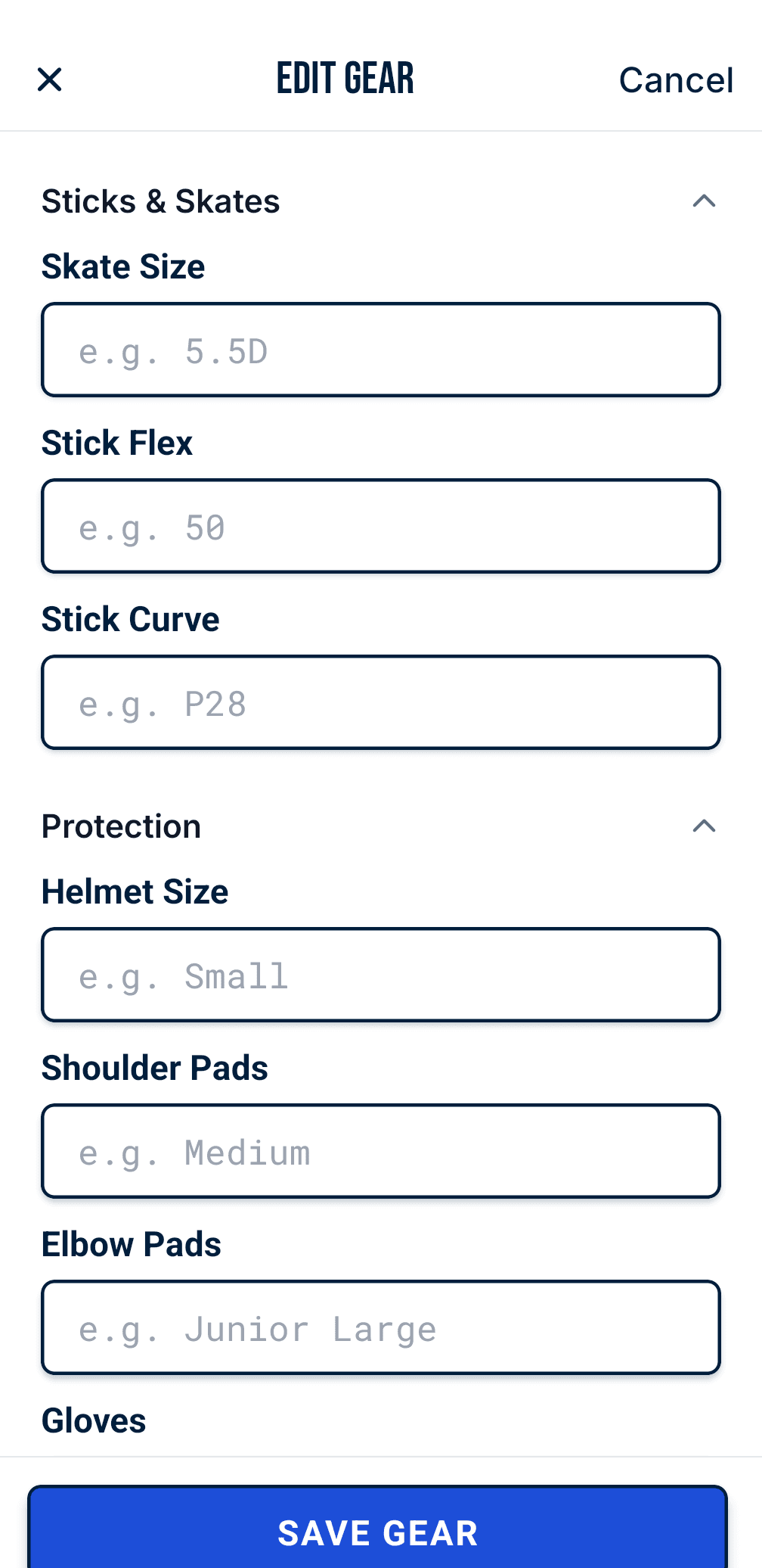 Gear Locker — sizes for skates, sticks, and protection