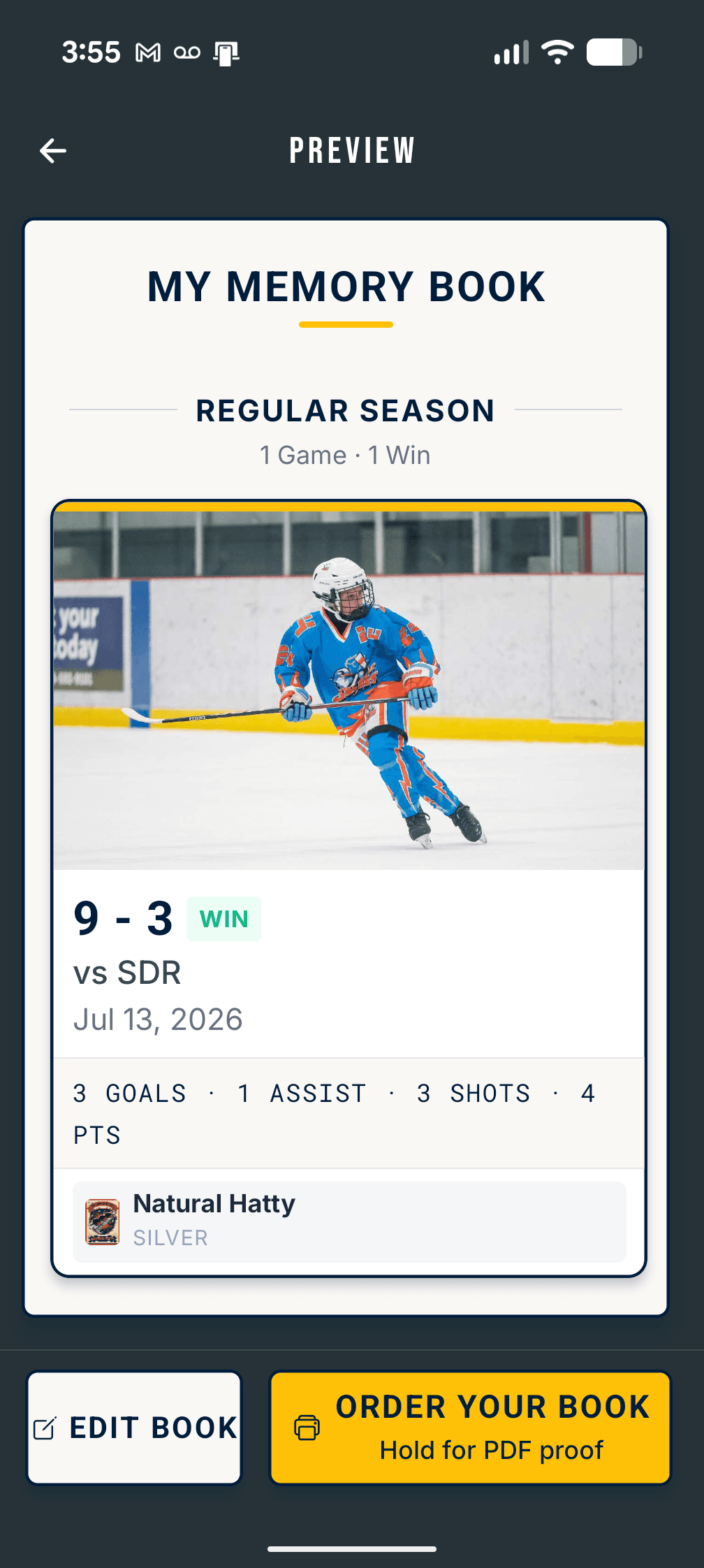 Memory Book preview — regular season game page with stats and badge