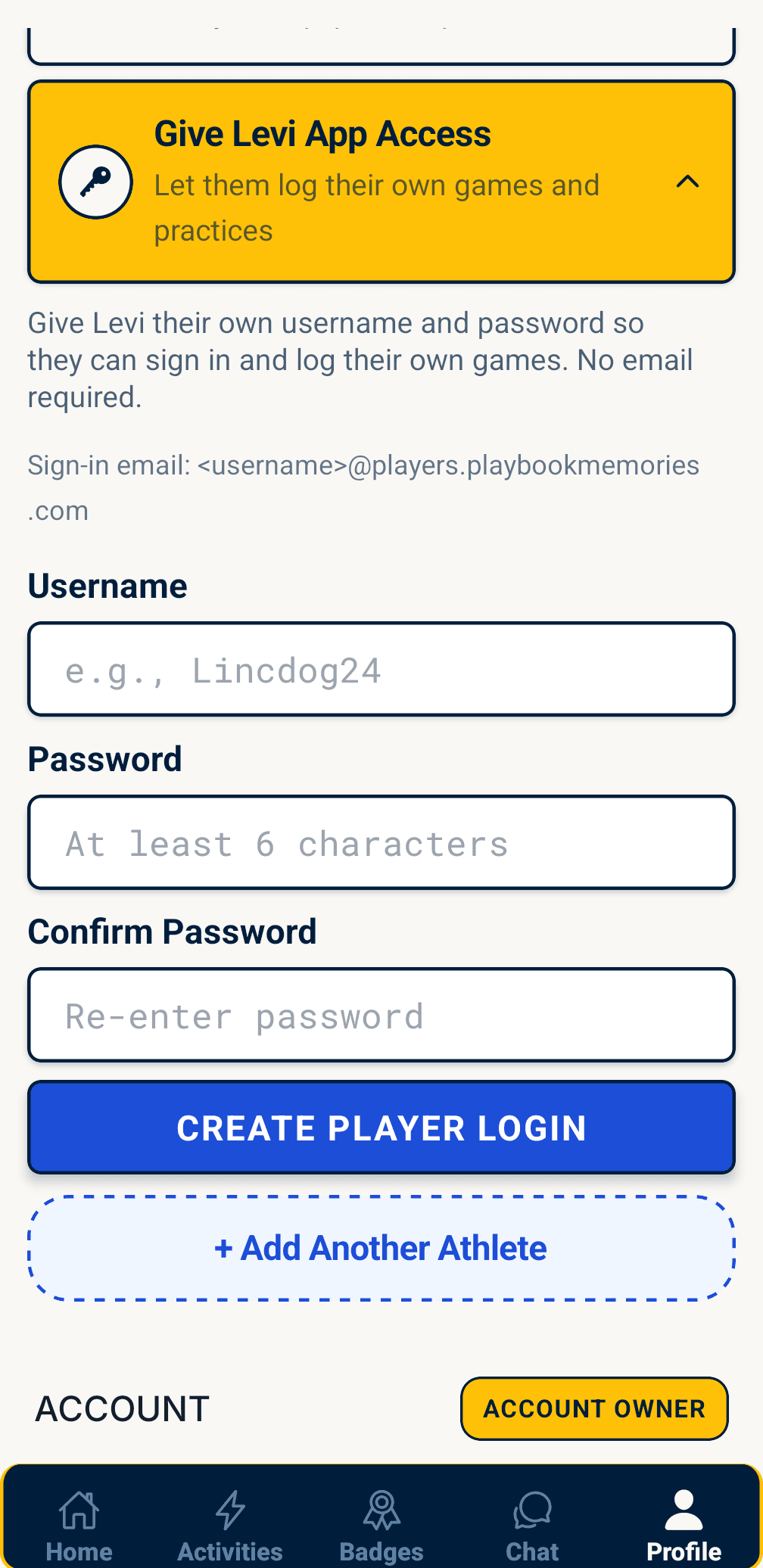 Create a player login — kid-safe, scoped access