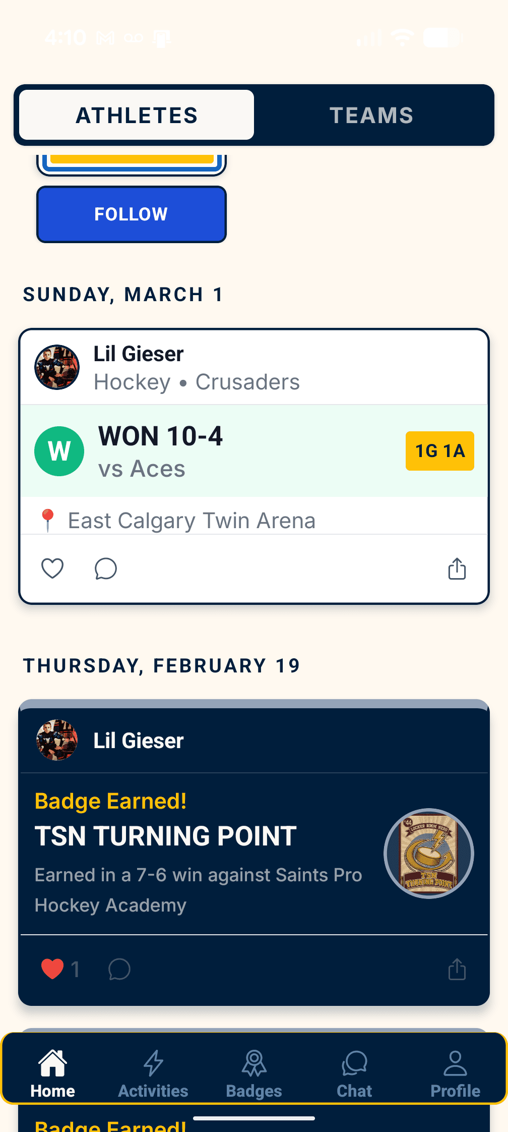 Social feed — a teammate's 10-4 win and a Badge Earned post, with likes and comments