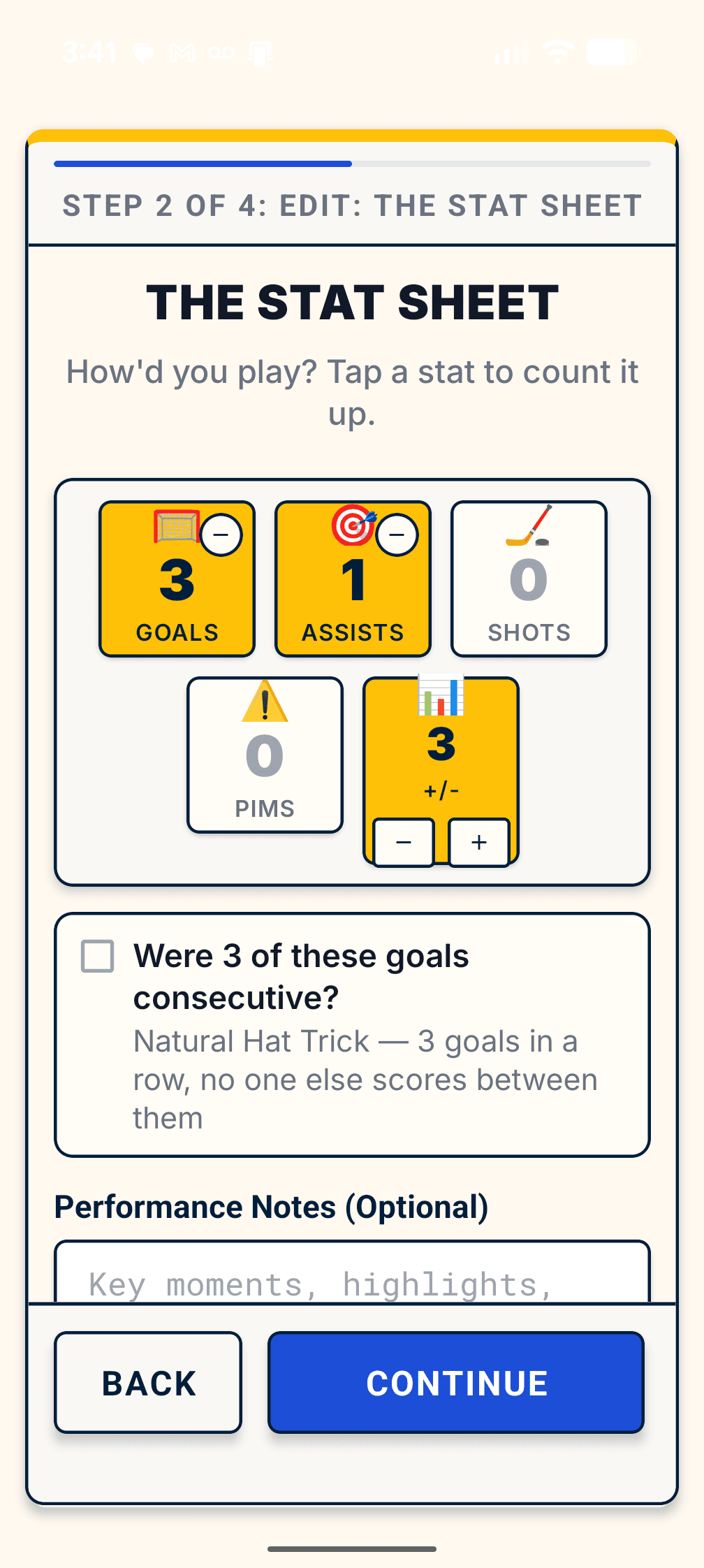 The Stat Sheet — tap a stat to count up goals, assists, and shots