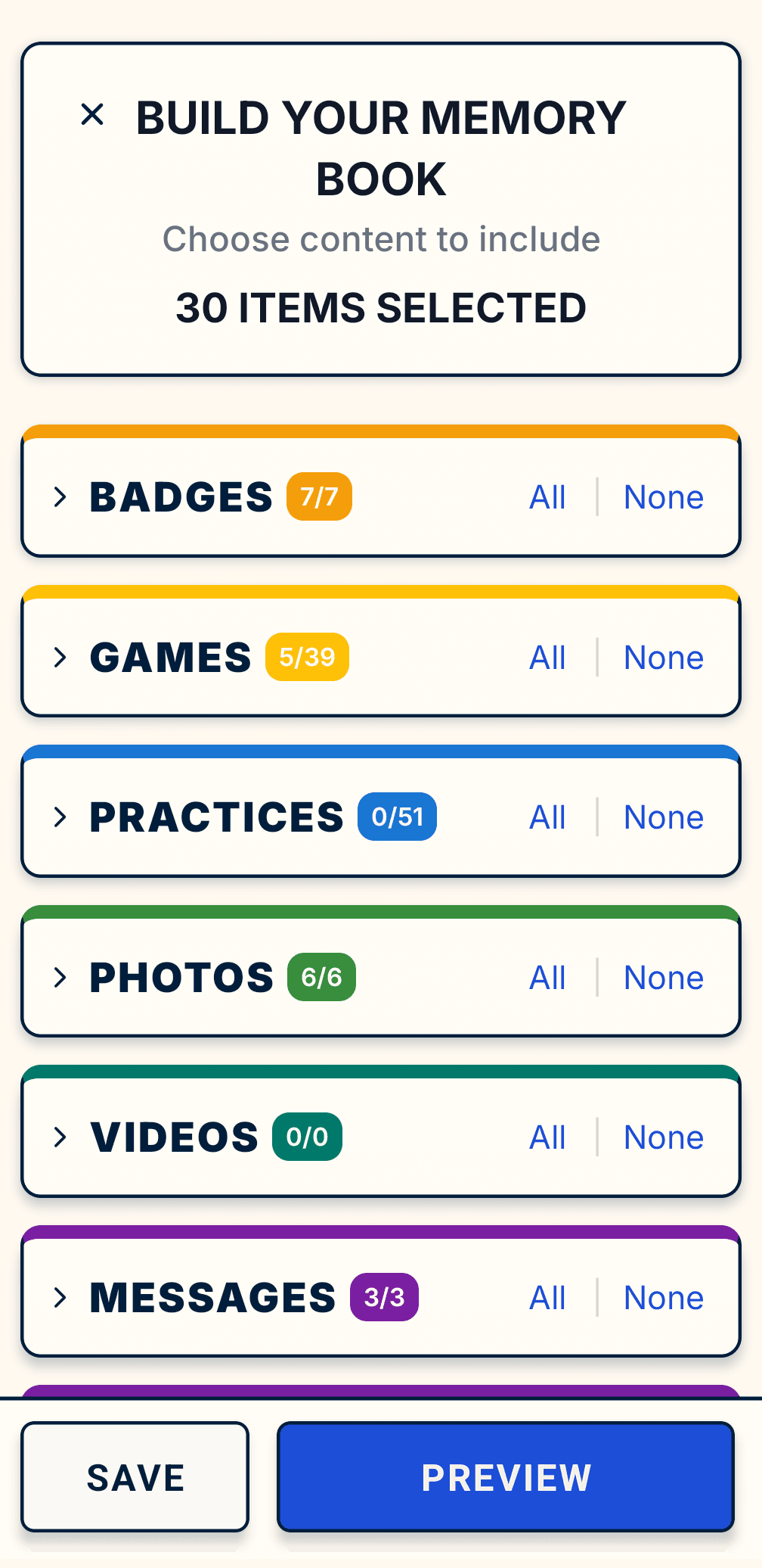 Memory Book builder screen